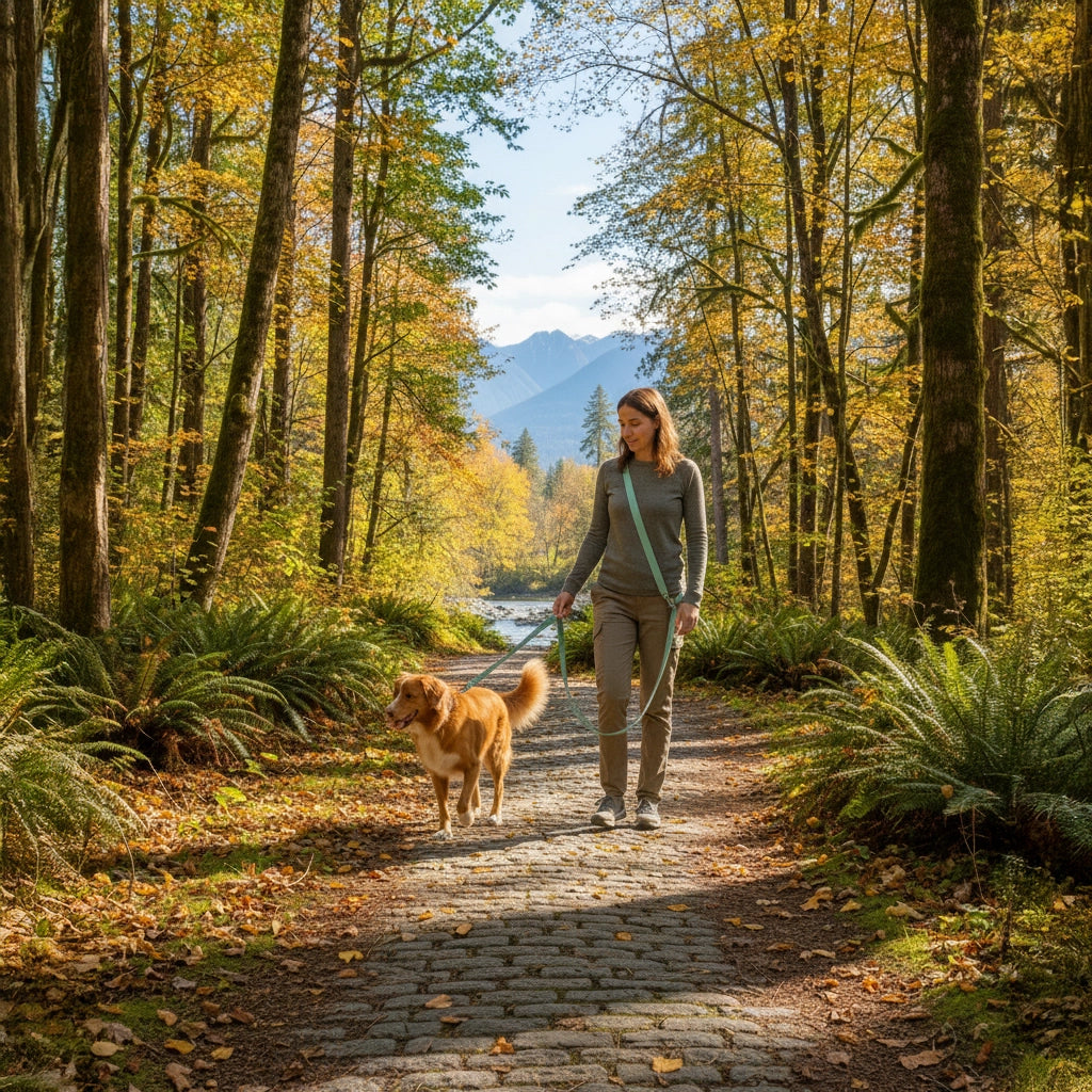 Woman walking a dog on a path through a forest with autumn foliage