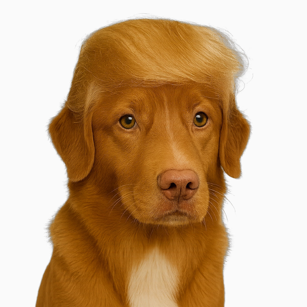 Dog with a styled haircut resembling Donald Trump's hair on a white background
