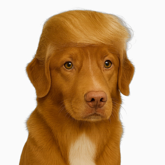 Dog with a styled haircut resembling Donald Trump's hair on a white background