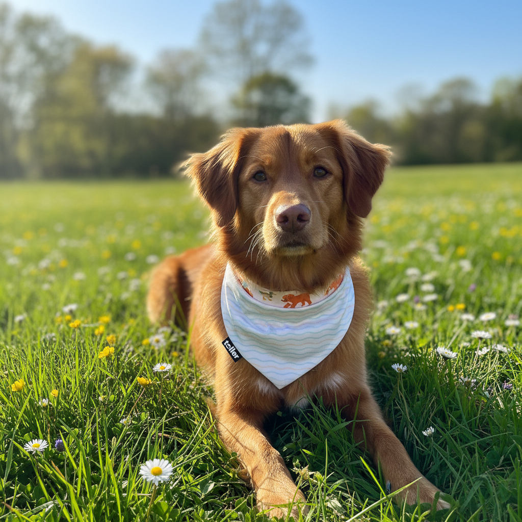 Brown dog wearing a bandana in a grassy field with flowers