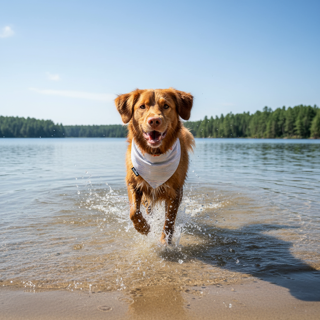 Dog running on a beach with water and trees in the background