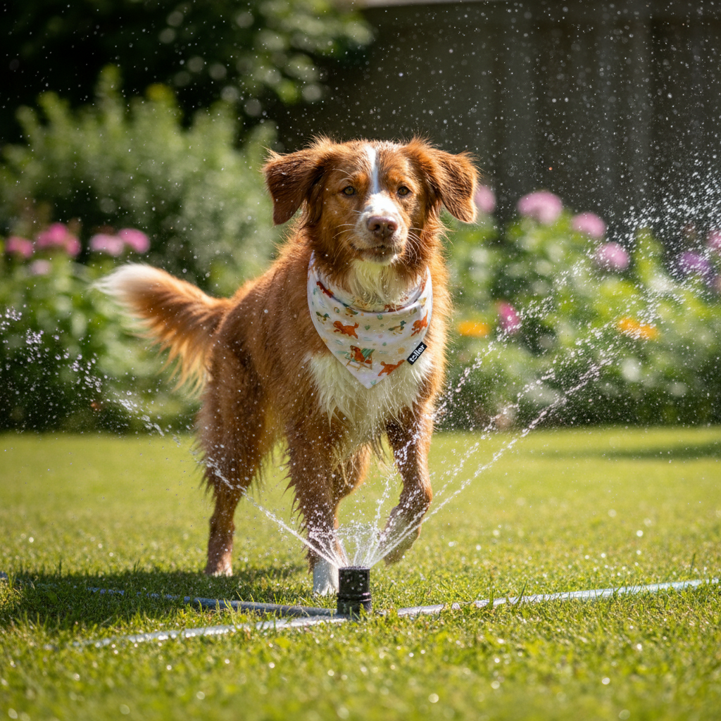 Dog playing with a sprinkler in a grassy area with flowers in the background