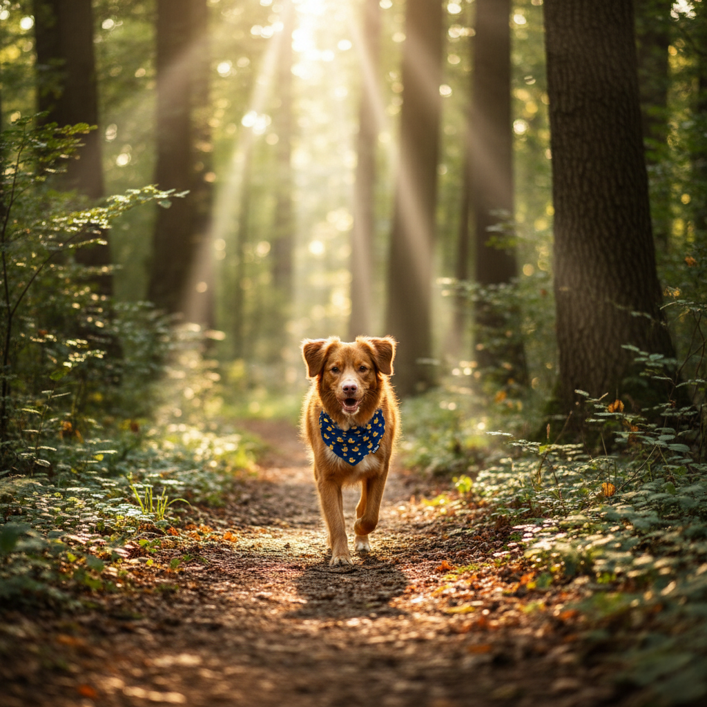 Dog walking on a path in a forest with sunlight filtering through the trees