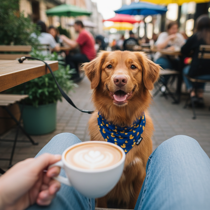 Dog sitting on a person's lap with a cup of coffee in an outdoor cafe setting