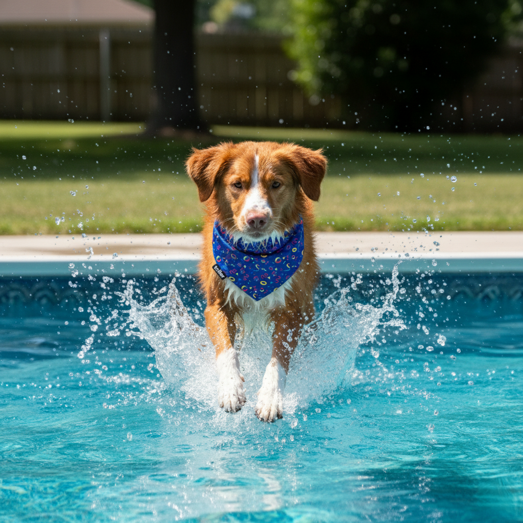 Dog running into a pool with water splashing around