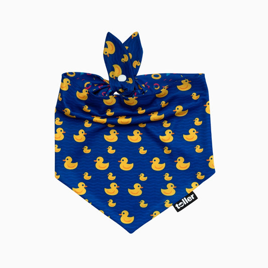 Blue bandana with yellow duck pattern on a white background