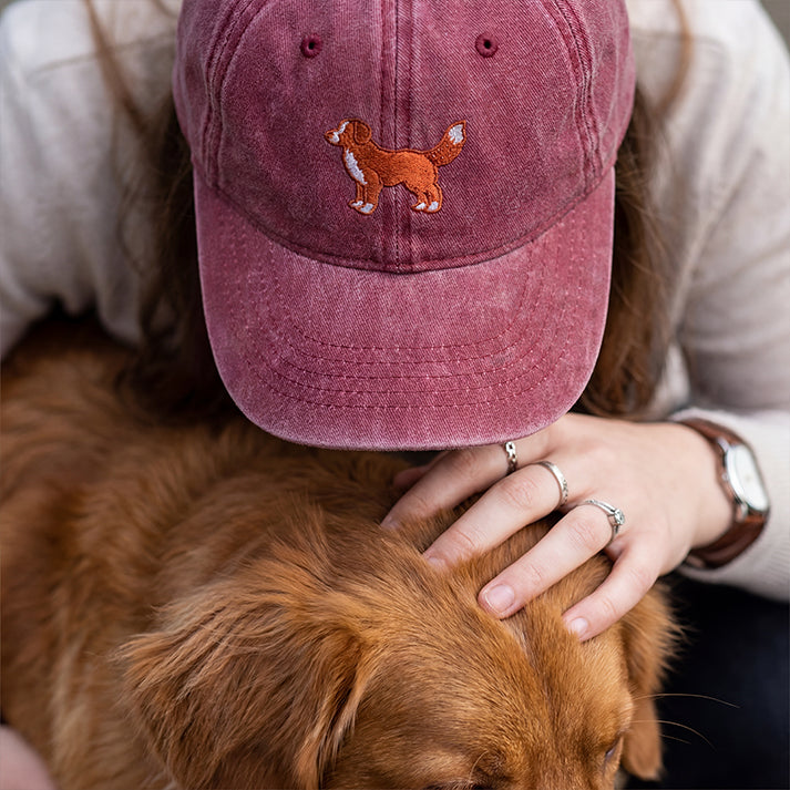 Person wearing a maroon cap with a dog illustration, petting a brown dog.